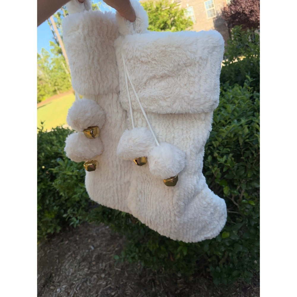 Cream Faux Fur Christmas Stockings with Pom Poms and Gold Bells Set of 2 19"